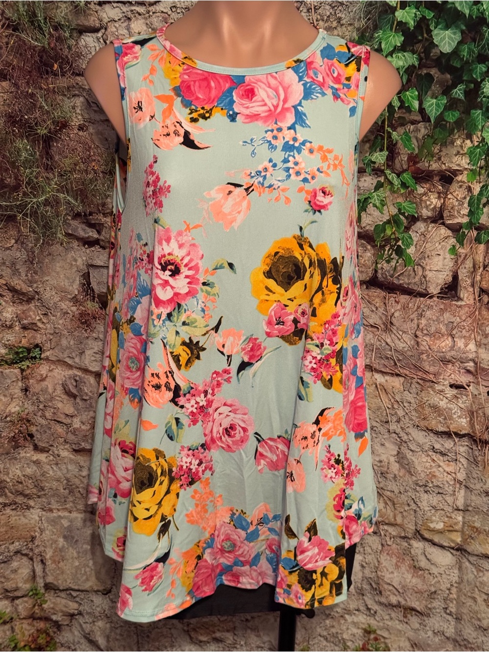 Soft Floral Sleeveless Swing Top in Mint with Pink & Yellow Flowers